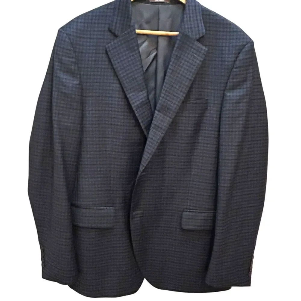 Peter Millar Men's Size 44R Navy Blue Windowpane Plaid Wool Blazer Suit Jacket